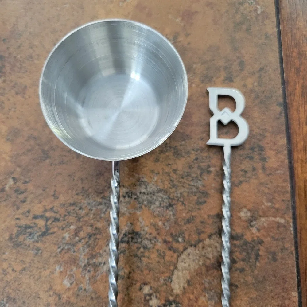Vintage MCM Bar Set Cocktail Spoon & Long Handle Jigger Silver Stainless Steel